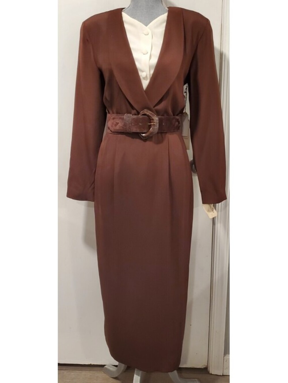Gillian Neiman Marcus Size 6 Brown Midi Silk Dress Belted Vintage 70s 80s